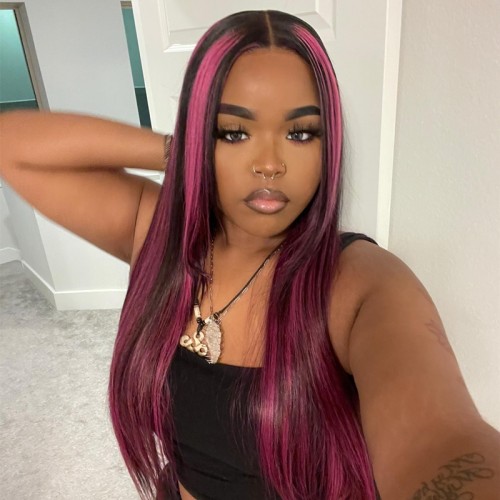 Purple Highlights Straight 13x4 Transparent Lace Front Wig | Human Hair Wig | Lace Front